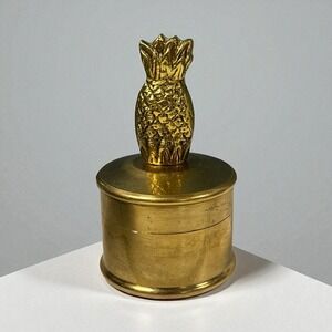 Vtg Brass Round Pineapple Small Stamp Trinket Box w/ Lid‎ 3.75" Tall 2.25" Wide